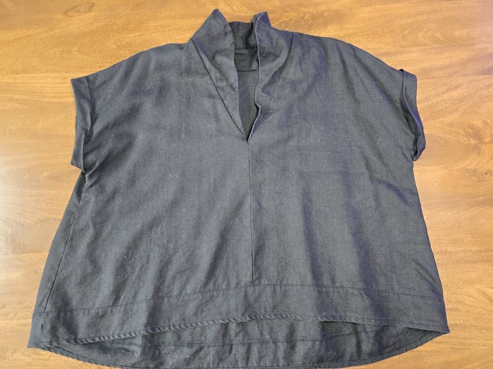 Handmade Black Linen Blend Boxy Top Lagenlook Minimalist Capsule Tunic V-Neck